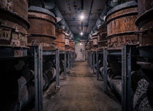 尘白禁区战斗场景截图，角色在废墟掩体后方瞄准，战术射击操作界面清晰可见，玫红色技能图标环绕屏幕边缘